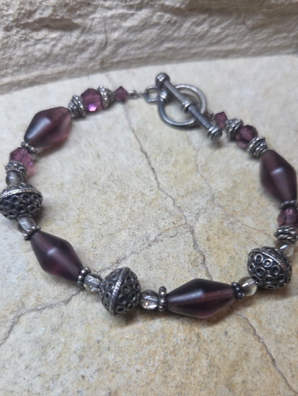 925 Sterling Silver Handmade Purple Glass Bead Toggle Bracelet